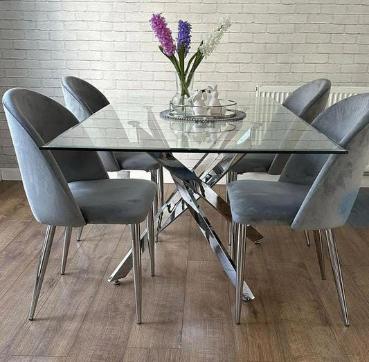 Leonardo Glass Dining Table and Arlon Velvet Dining Chairs