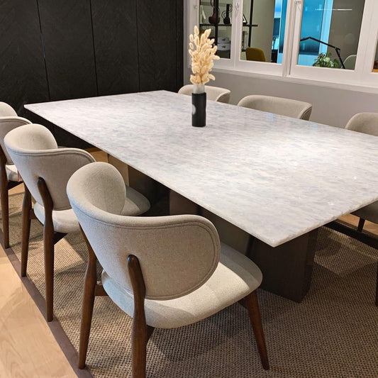 six seater marble top dining set with leather seats